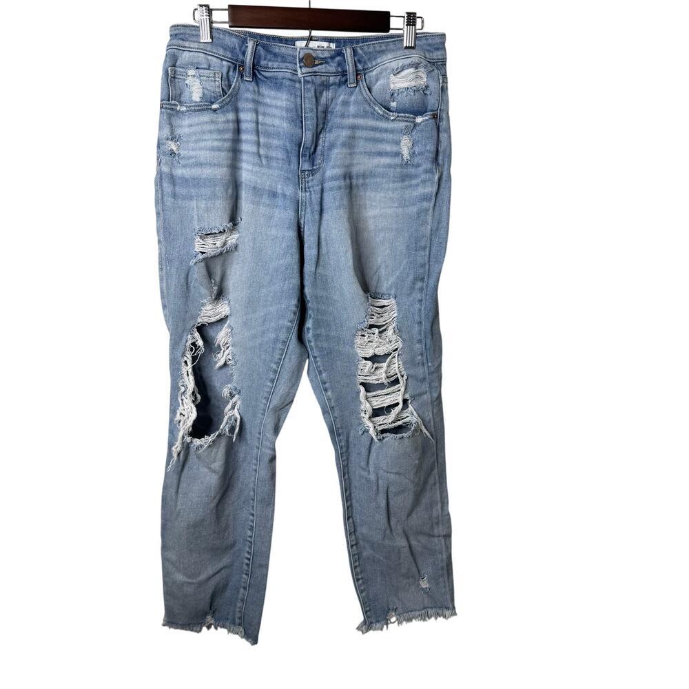 BKE Mom Jeans Women’s 29 High Rise Distressed Ripped Light Wash Raw Hem Denim‎